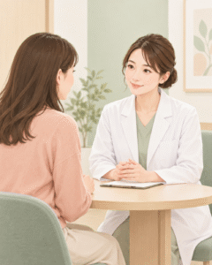 個室で女性薬剤師に相談する様子のイラスト